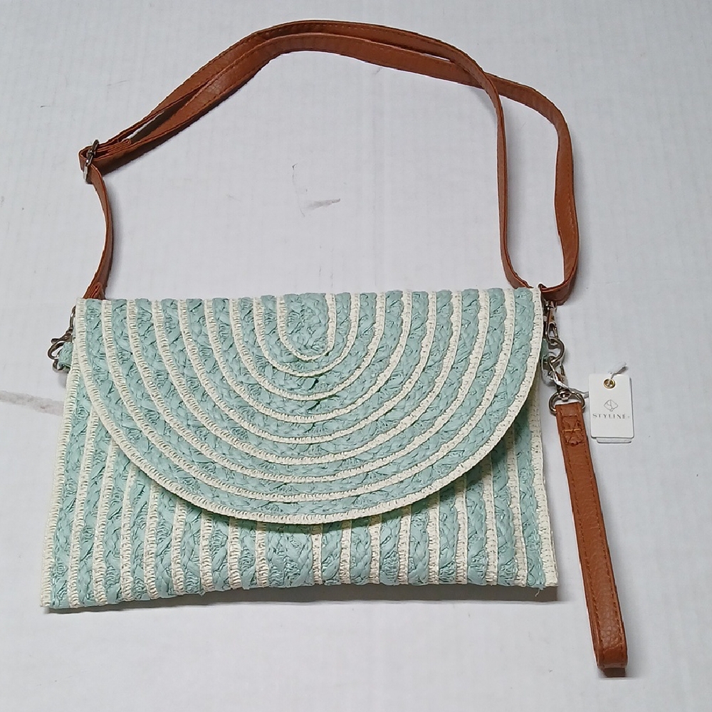 Styline Blue & White Woven Straw Bag Purse Clutch Wristlet Shoulder Crossbody